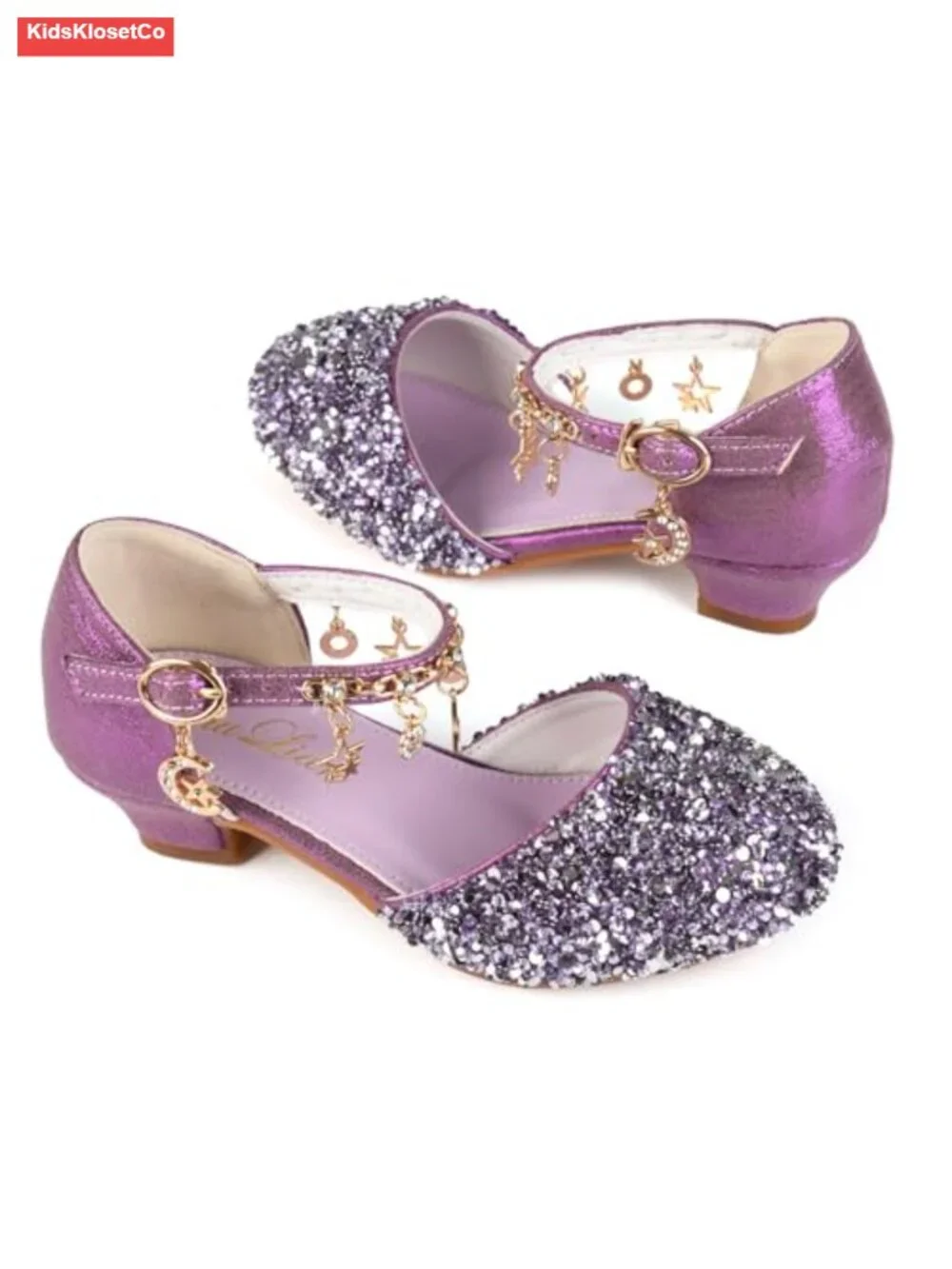 Girls Sequined Mary Jane Low Heel Dress Shoes with Hook and Loop Strap for